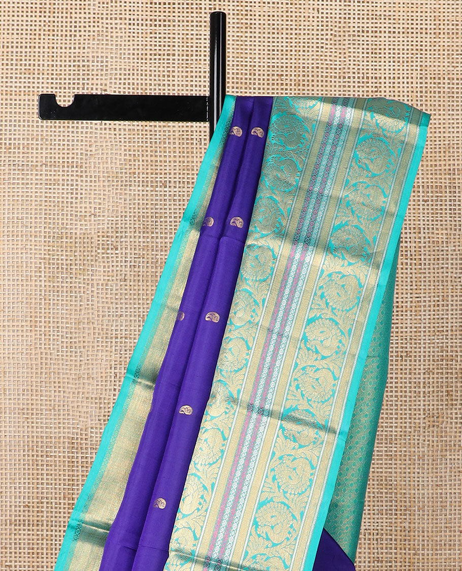 Blue manga butta silk saree with contrast korvai zari design border & intricate zari design pallu
