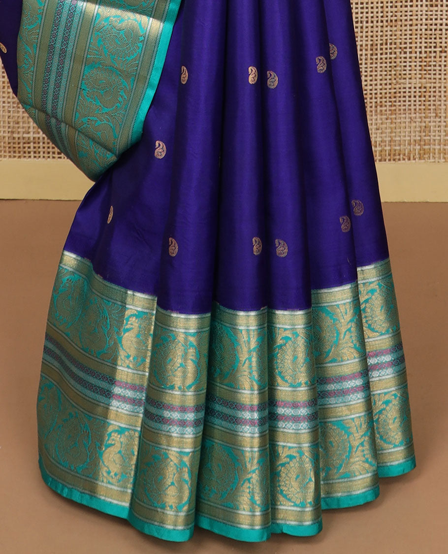 Blue manga butta silk saree with contrast korvai zari design border & intricate zari design pallu