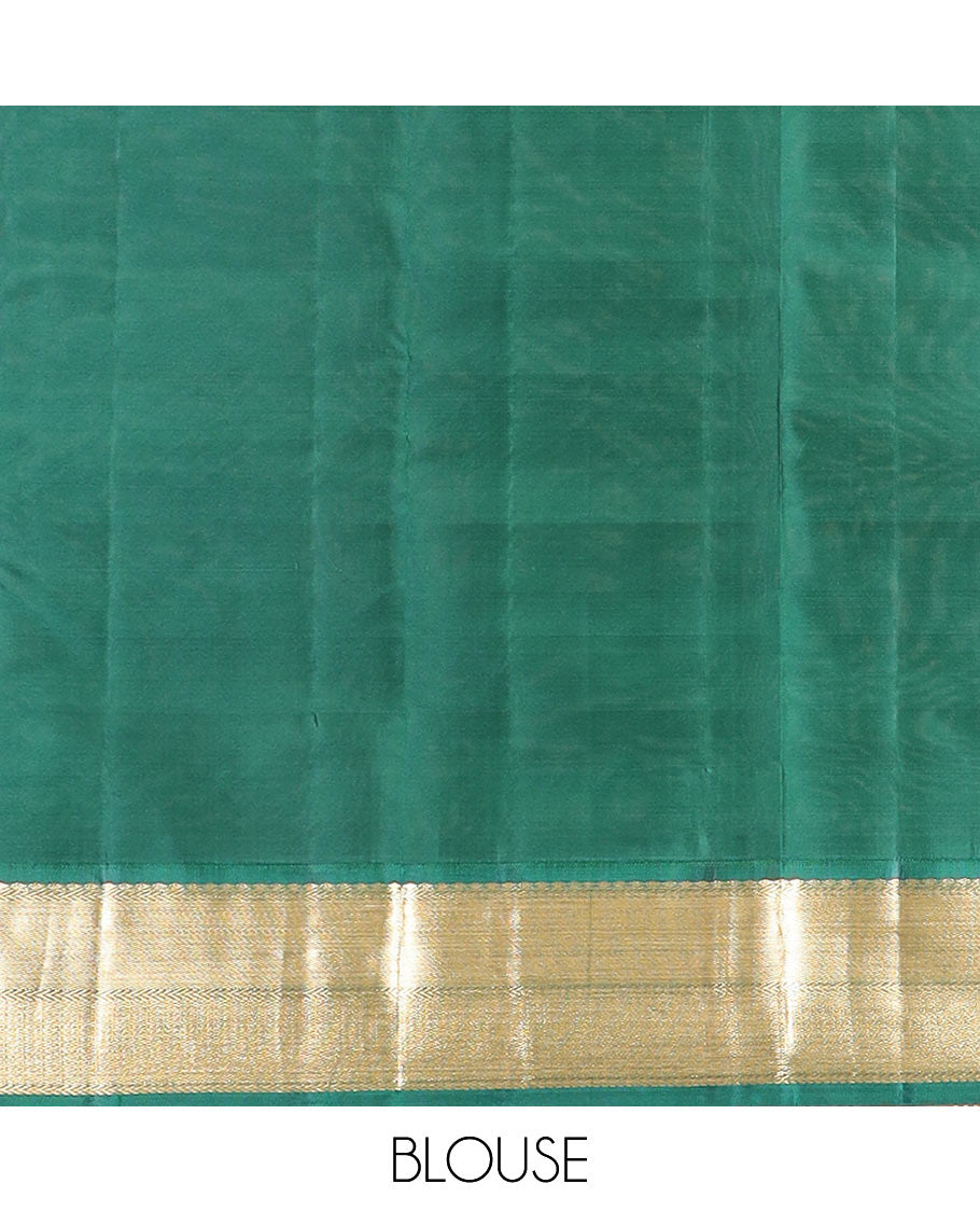 Red zari buttas silk saree, contrast border of thilakam mokku, kathir, and mayil kann, and jaal pallu