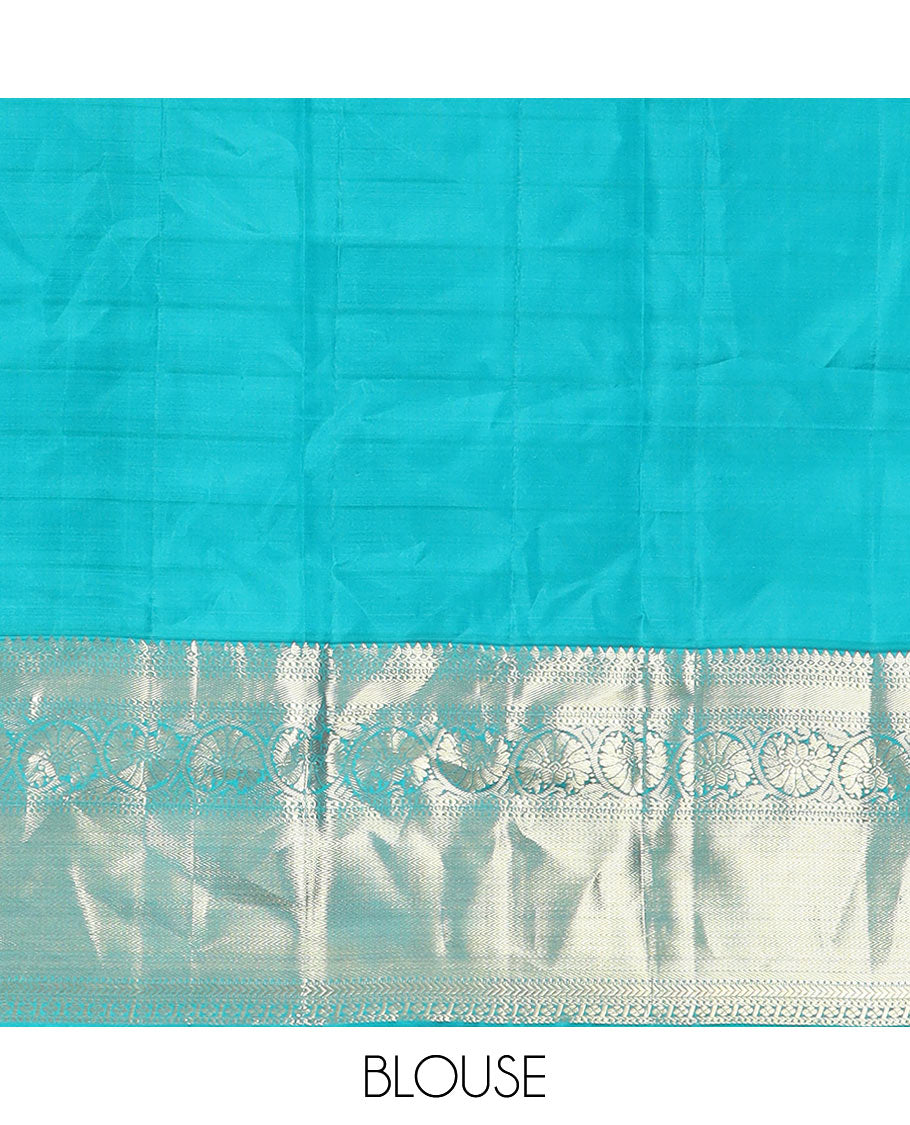 Yellow Vasundhara Silk Saree Graced with Stripes and Zari Buttas, Complemented by a Contrast Border of Thilakam Mokku, Vanki, Kathir, Lavangam, and Kodi Visiry Designs, Zari Elevated Pallu of Jaal Design, and Paired with a Contrast Blouse
