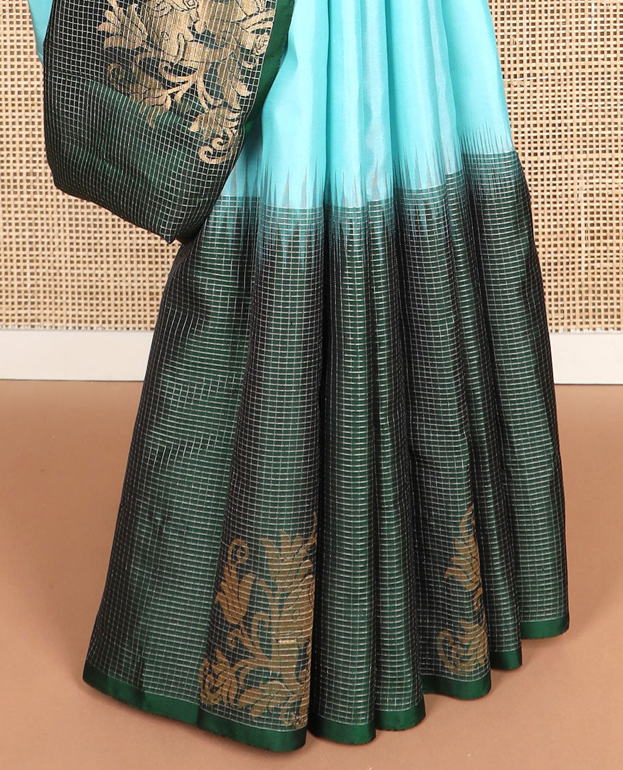 Light blue mayuri soft silk saree with contrast checked, elephant design border & intricate zari design pallu