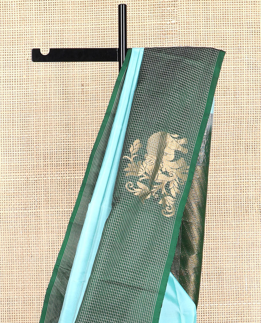Light blue mayuri soft silk saree with contrast checked, elephant design border & intricate zari design pallu