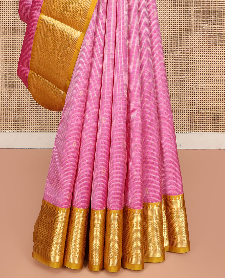 Pink Vasundhara Silk Saree, Subtly Sparkled with Zari Buttas and Checks All Over Its Body, Complemented by a Contrast Border of Rekku, Rudraksham, and Then Kuli Kann Designs, Grand Jaal Pallu, and Paired with a Contrast Blouse
