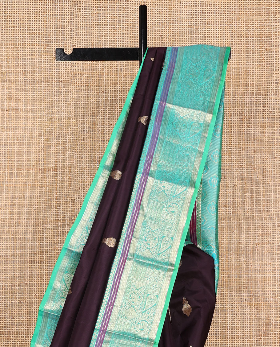 Brown zari buttas silksaree, contrast floral pallu & zari border of salngai,muthu,vanki & round mayil designs