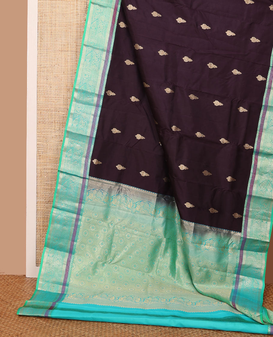 Brown zari buttas silksaree, contrast floral pallu & zari border of salngai,muthu,vanki & round mayil designs