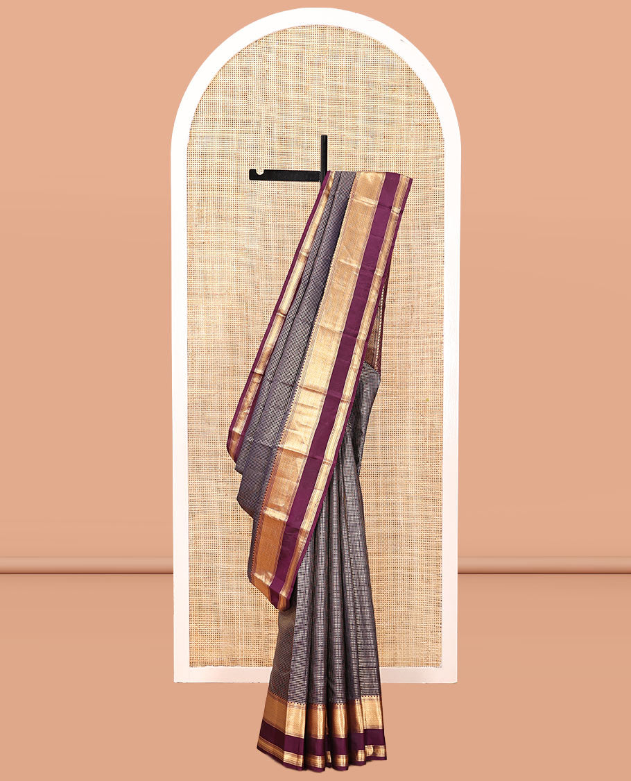 Blue Vasundhara Silk Saree, Highlighted by Zari Checks, Contrast Rettai Pettu Thazampoo Rekku Border, Grand Jaal Pallu, and a Contrast Blouse