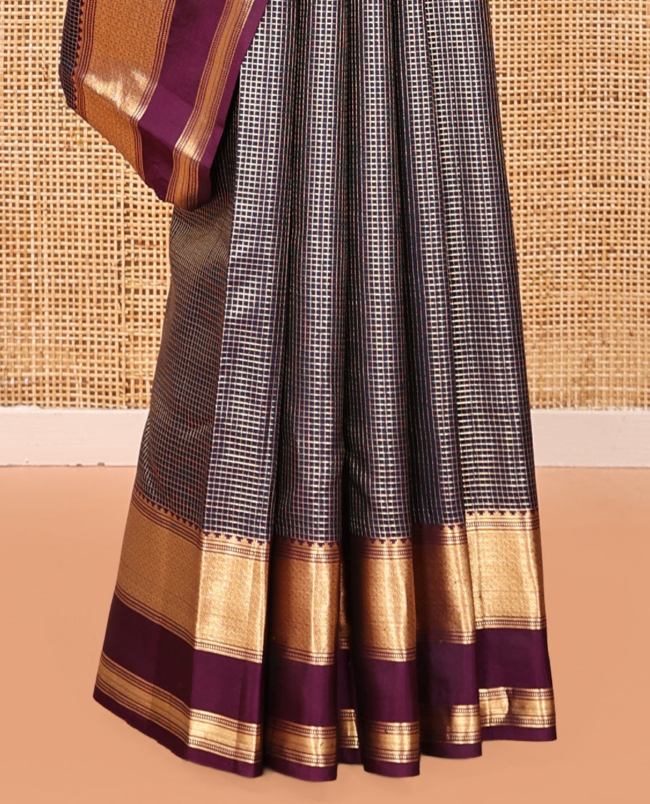 Blue Vasundhara Silk Saree, Highlighted by Zari Checks, Contrast Rettai Pettu Thazampoo Rekku Border, Grand Jaal Pallu, and a Contrast Blouse