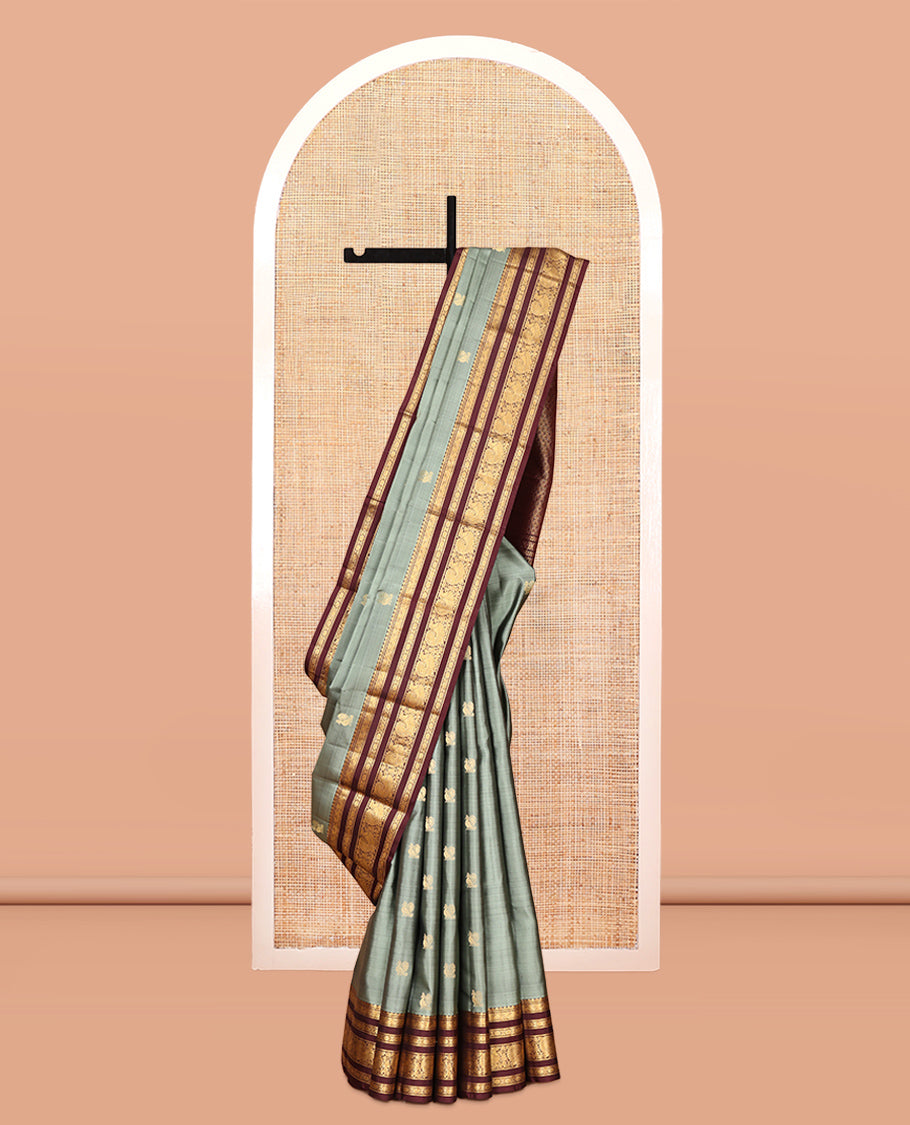 Grey Vasundhara Silk Saree, Woven with Mayil Buttas, Contrast Border of Mayil, and Kamalam Designs, Grand Pallu, and Contrast Blouse