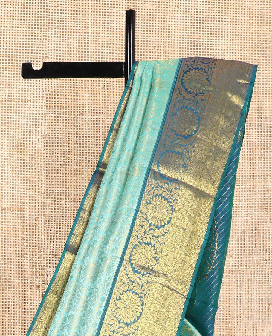 Sea blue floral jaal design kancheepuram silk saree with self border of muthu, kodi visiry design & zari design pallu