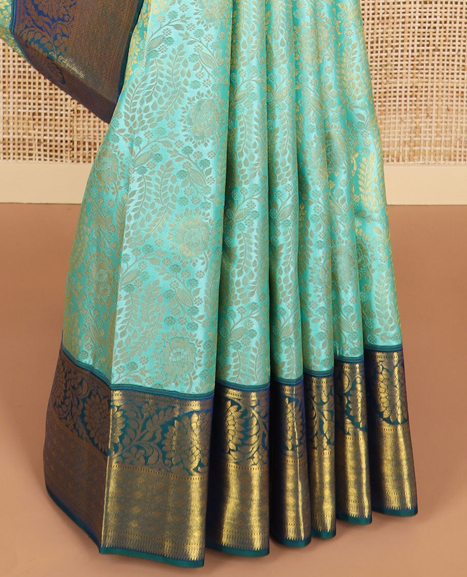 Sea blue floral jaal design kancheepuram silk saree with self border of muthu, kodi visiry design & zari design pallu