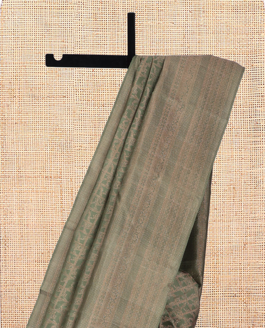 Green Kanchipuram Wedding Silk Saree, Mesmerized with Jacquard Design, a Sparsely Woven Traditional Zari Border, Grand Pallu, and a Matching Blouse
