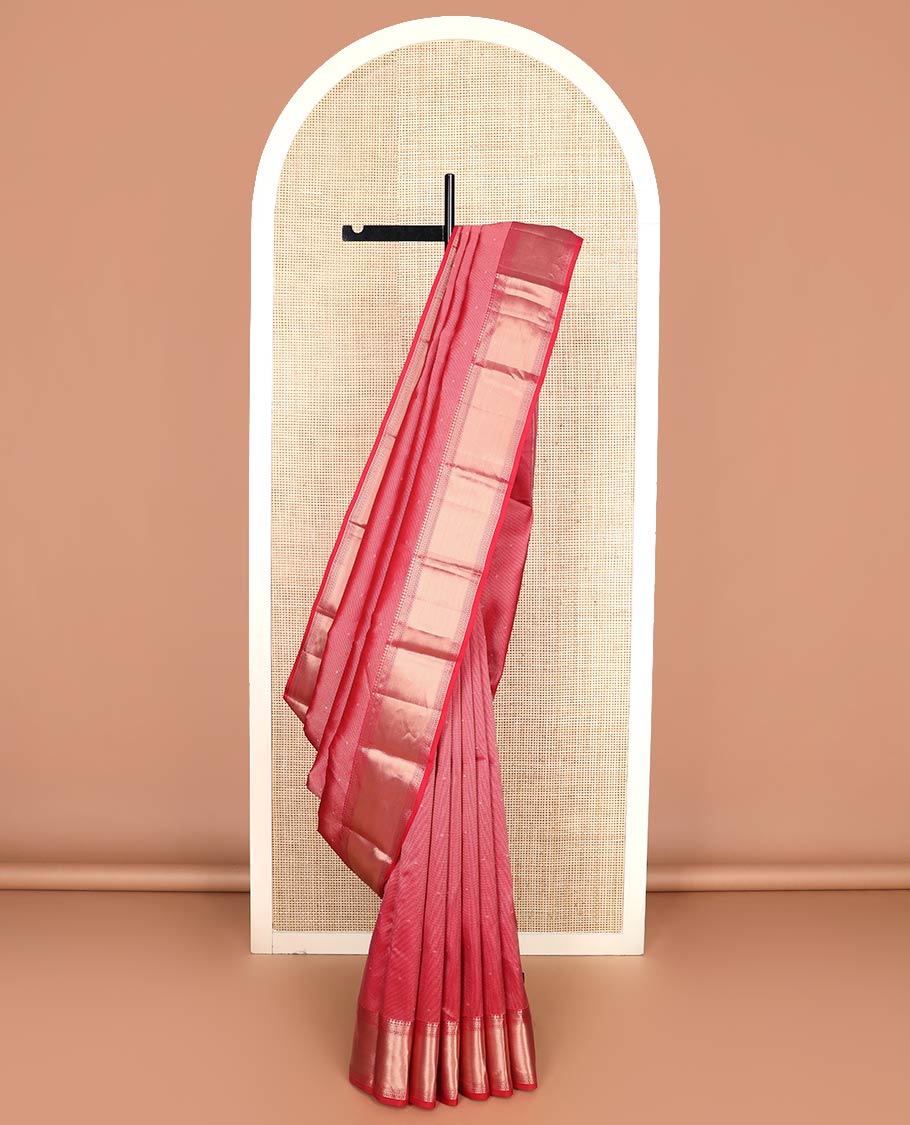 Red zari buttas Kanchipuram wedding silk saree, zari border of traditional designs, and zari rich jaal pallu