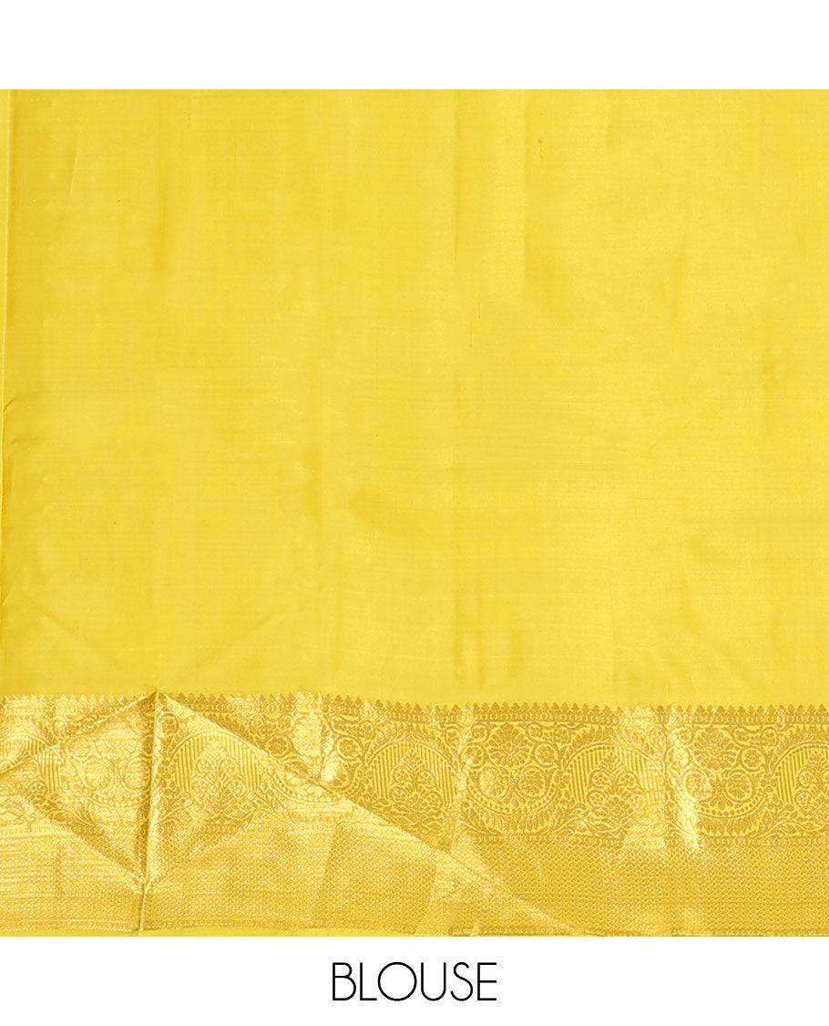 Yellow jacquard wedding silk saree, self-border of rekku,kodi visiry & mayil kann & jaal pallu