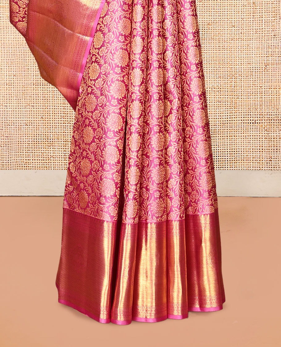 Pink Kanchipuram Wedding Silk Saree, Spotlighted with Jacquard Design, a Traditional Zari Border, a Grand Jaal Pallu, and a Matching Blouse