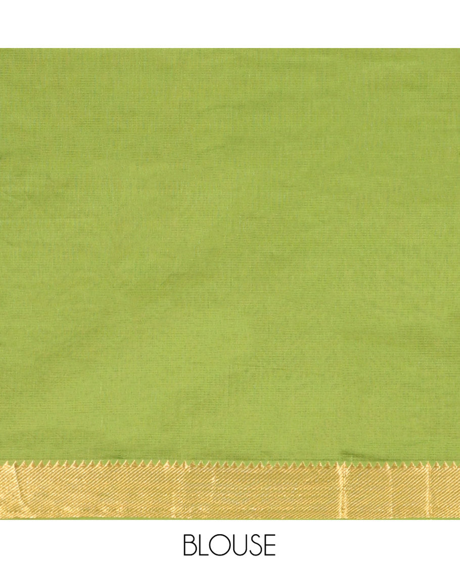 Parrot Green Sparsely Striped Mangalgiri Cotton Saree, Highlighted by a Zari Border, Gleaming Zari-Striped Pallu, and Paired with a Matching Blouse