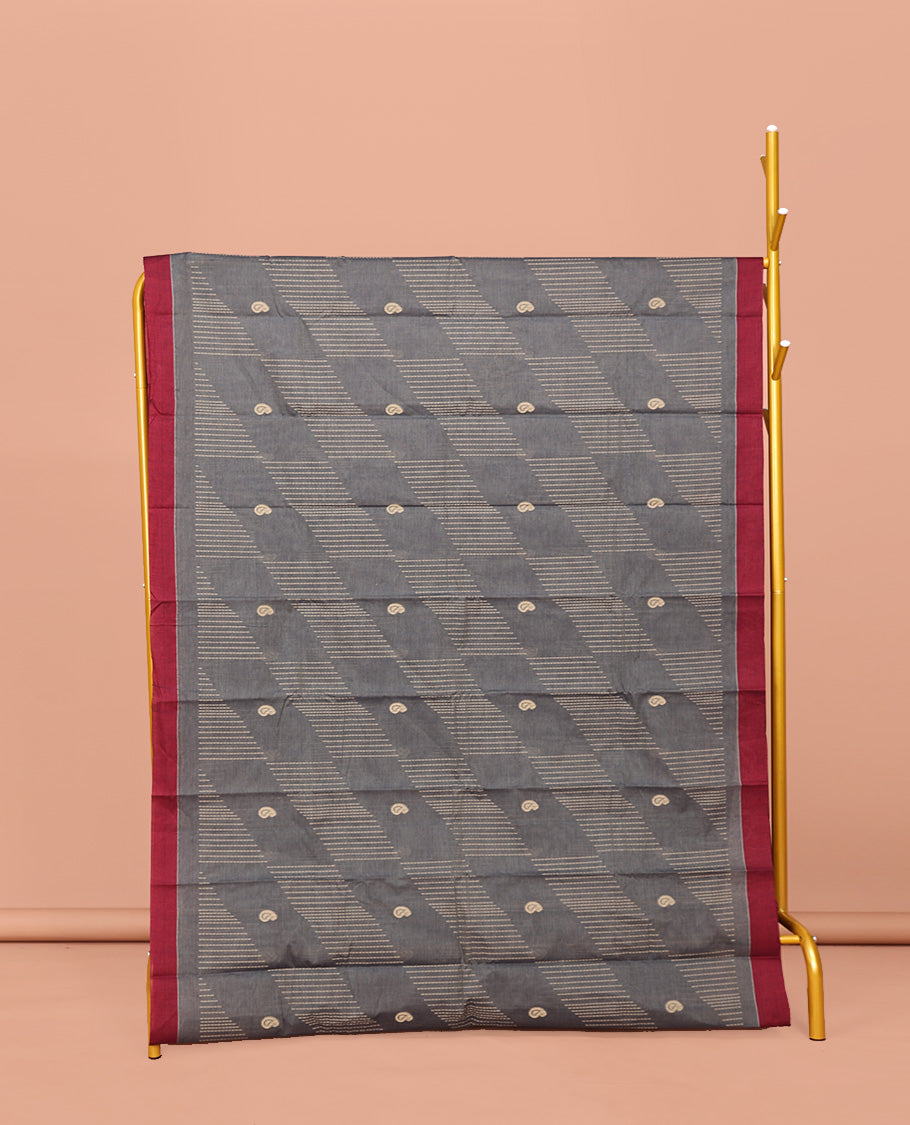 Grey Kanchi Cotton Saree, Subtly Woven with Paisleys and Stripes All Over Its Body, Complemented by Contrast Border, Pallu of Flower Pot Designs and Paired with a Matching Blouse