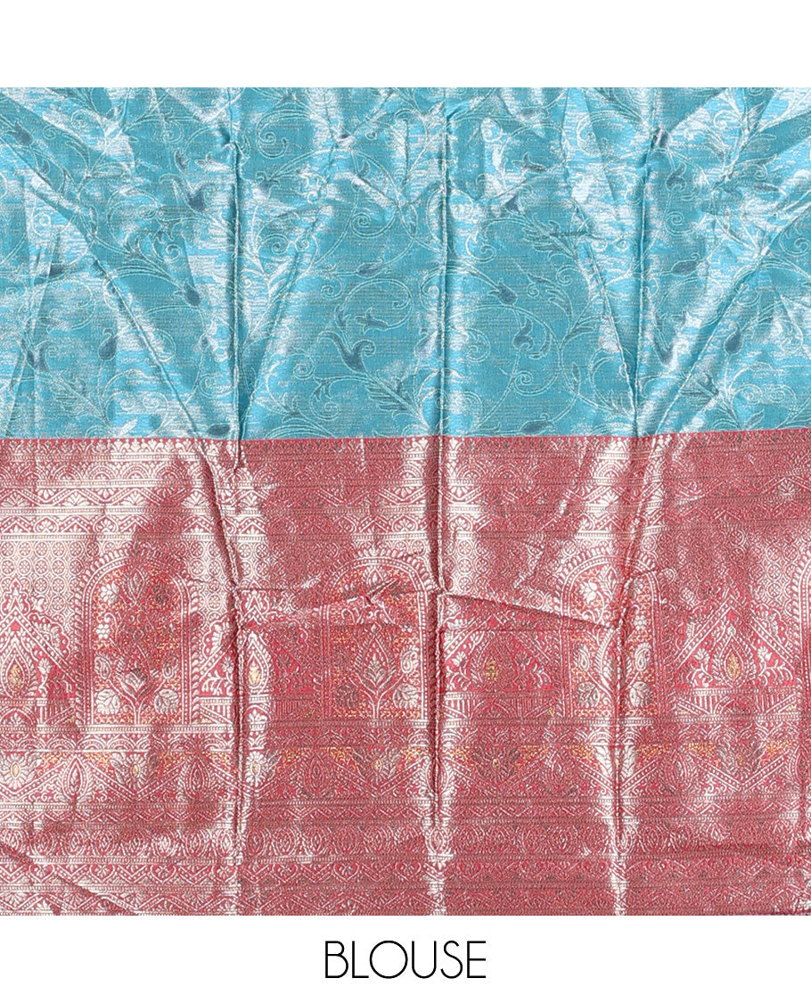 Blue art silk half-saree, floral design with contrast traditional border skirt, matching blouse, scallop embroidered dhavani, and detachable belt