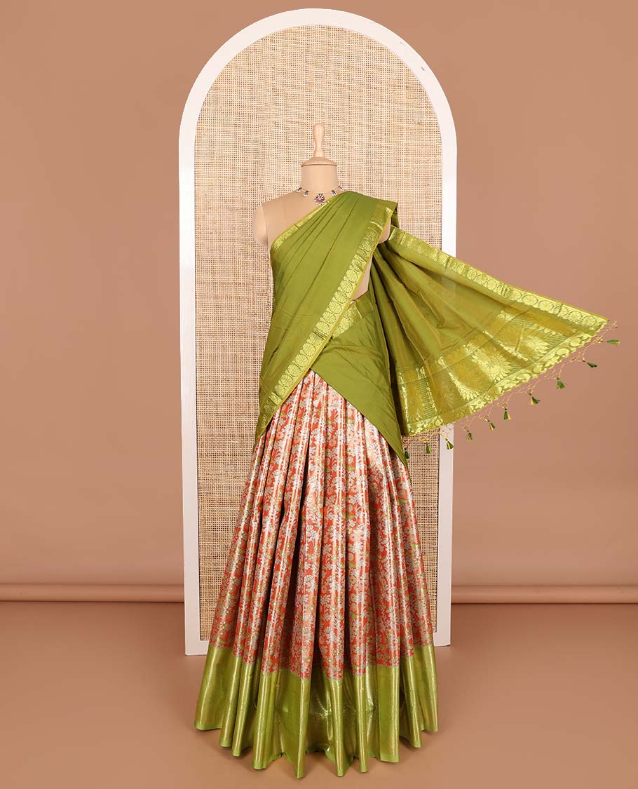 Orange art silk half saree material , jacquard with contrast traditional zari bordered skirt, contrast jacquard blouse, and chakram design dhavani
