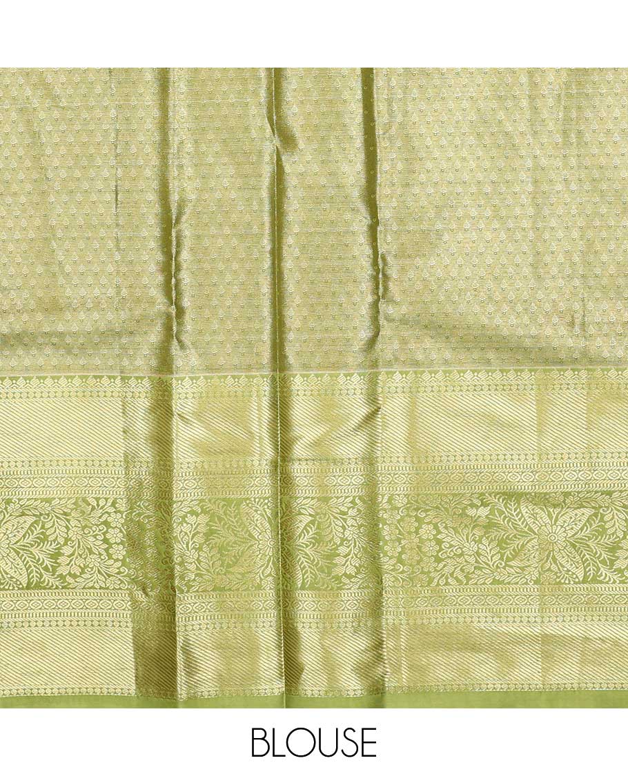 Orange art silk half saree material , jacquard with contrast traditional zari bordered skirt, contrast jacquard blouse, and chakram design dhavani