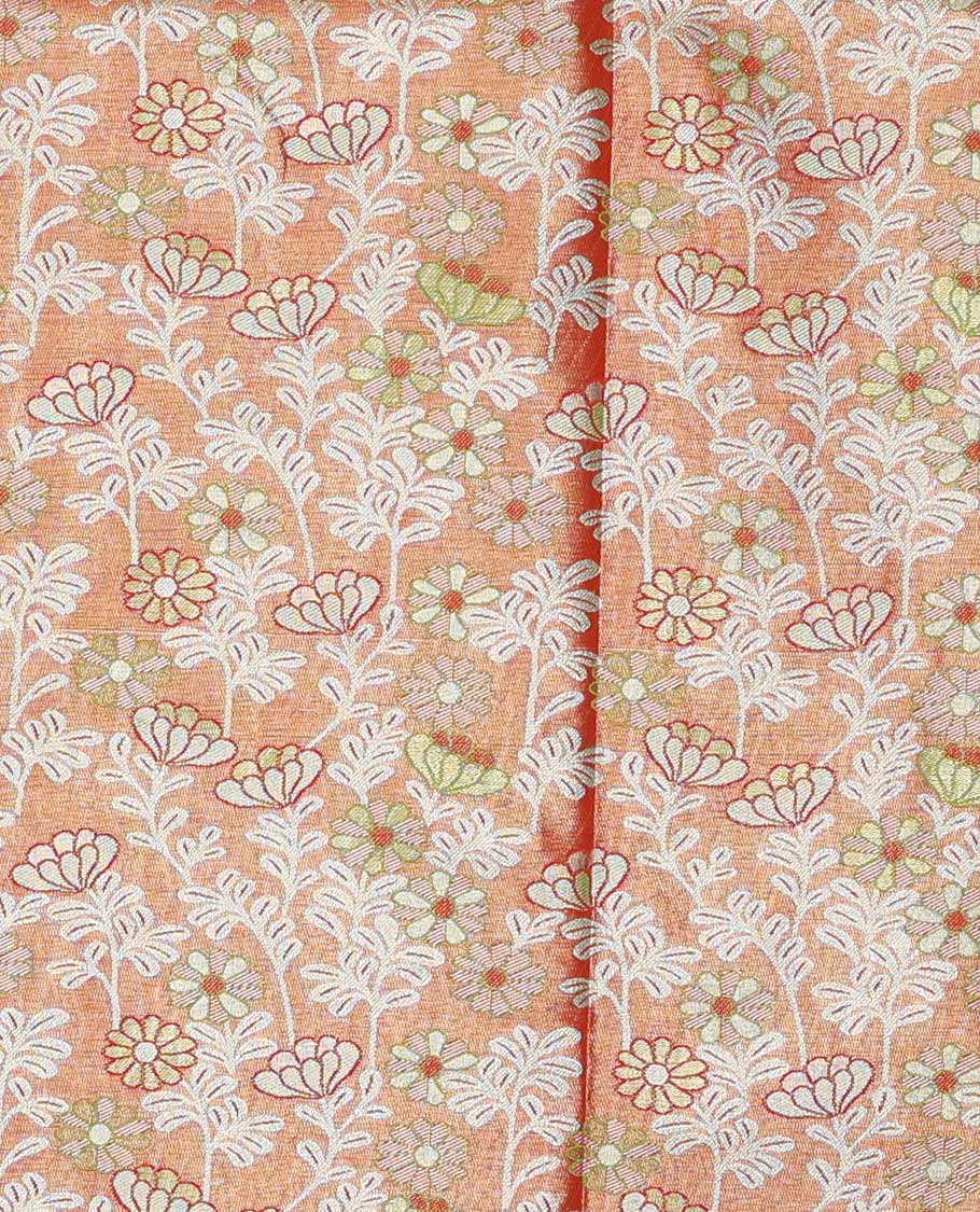 Orange art silk half saree material , jacquard with contrast traditional zari bordered skirt, contrast jacquard blouse, and chakram design dhavani