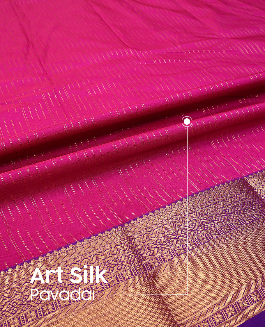 Pink art silk pavadai set, zari design and contrast traditional zari bordered skirt and a contrast zari border blouse