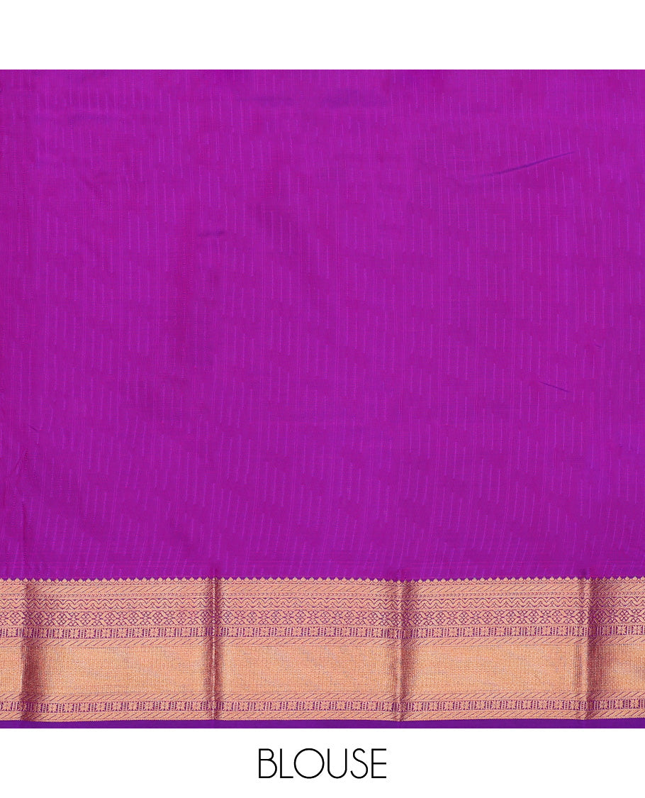 Pink art silk pavadai set, zari design and contrast traditional zari bordered skirt and a contrast zari border blouse