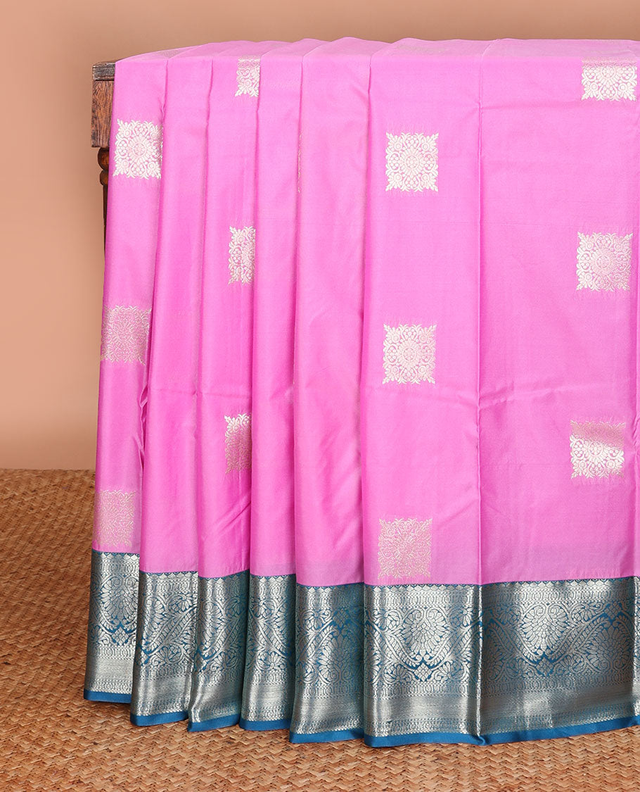 Pink geometric motifs gift saree with contrast traditional zari design & jaal design pallu