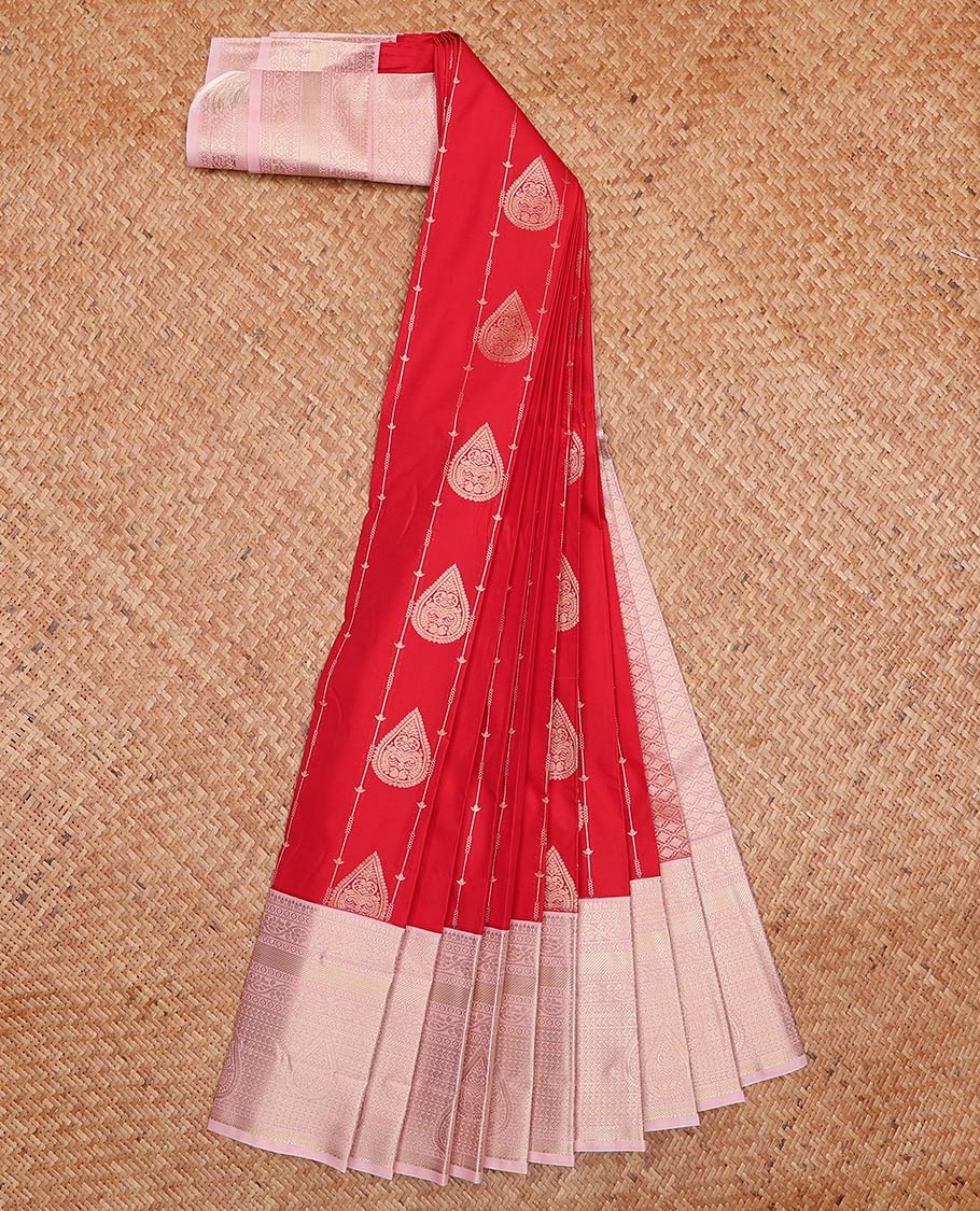 Red zari design gift saree, contrast traditional zari design border, and jaal pallu
