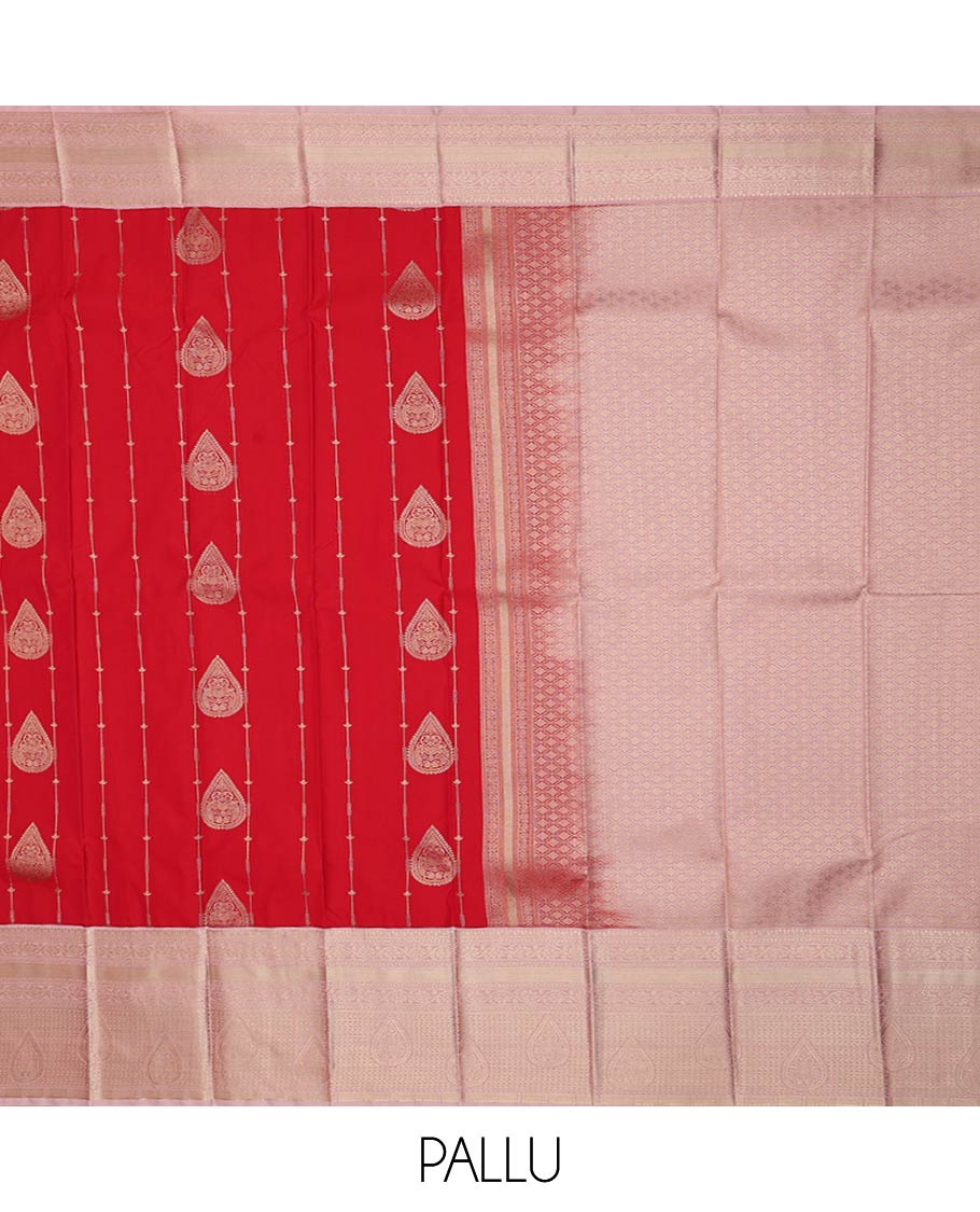 Red zari design gift saree, contrast traditional zari design border, and jaal pallu