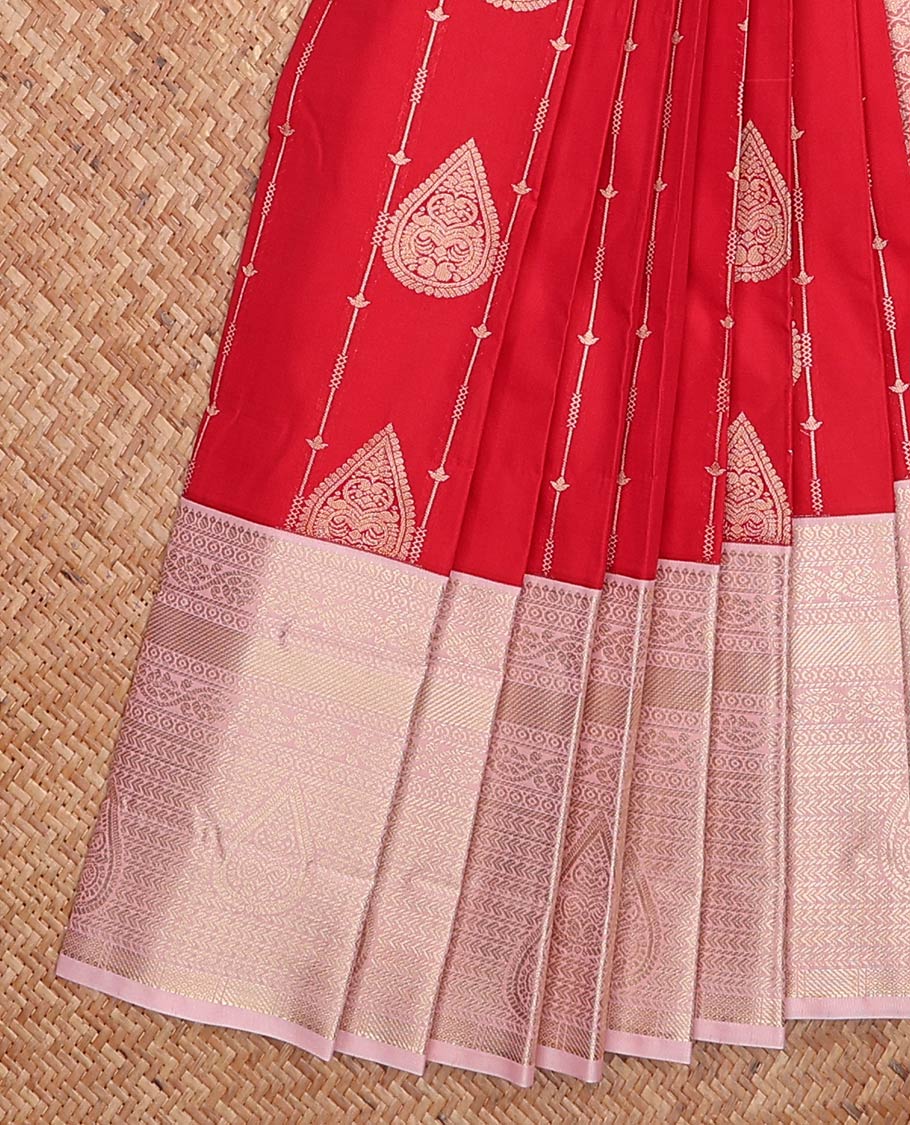 Red zari design gift saree, contrast traditional zari design border, and jaal pallu