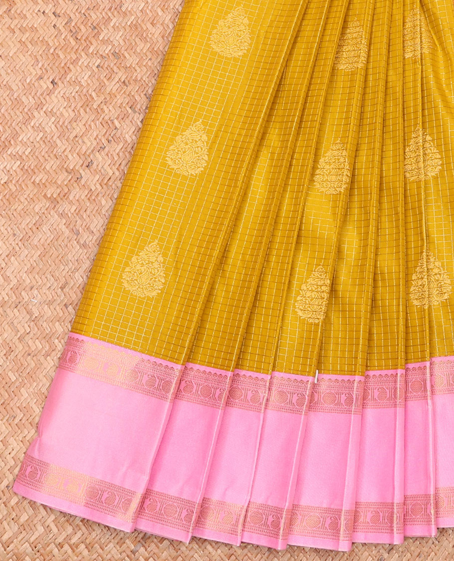 Yellow Budget Silk Saree Subtly Sparkled Zari Checks and Buttas, Complemented by Contrast Rettai Pettu Traditional Motifs Border, Grandly Zari Woven Pallu, and a Contrast Blouse