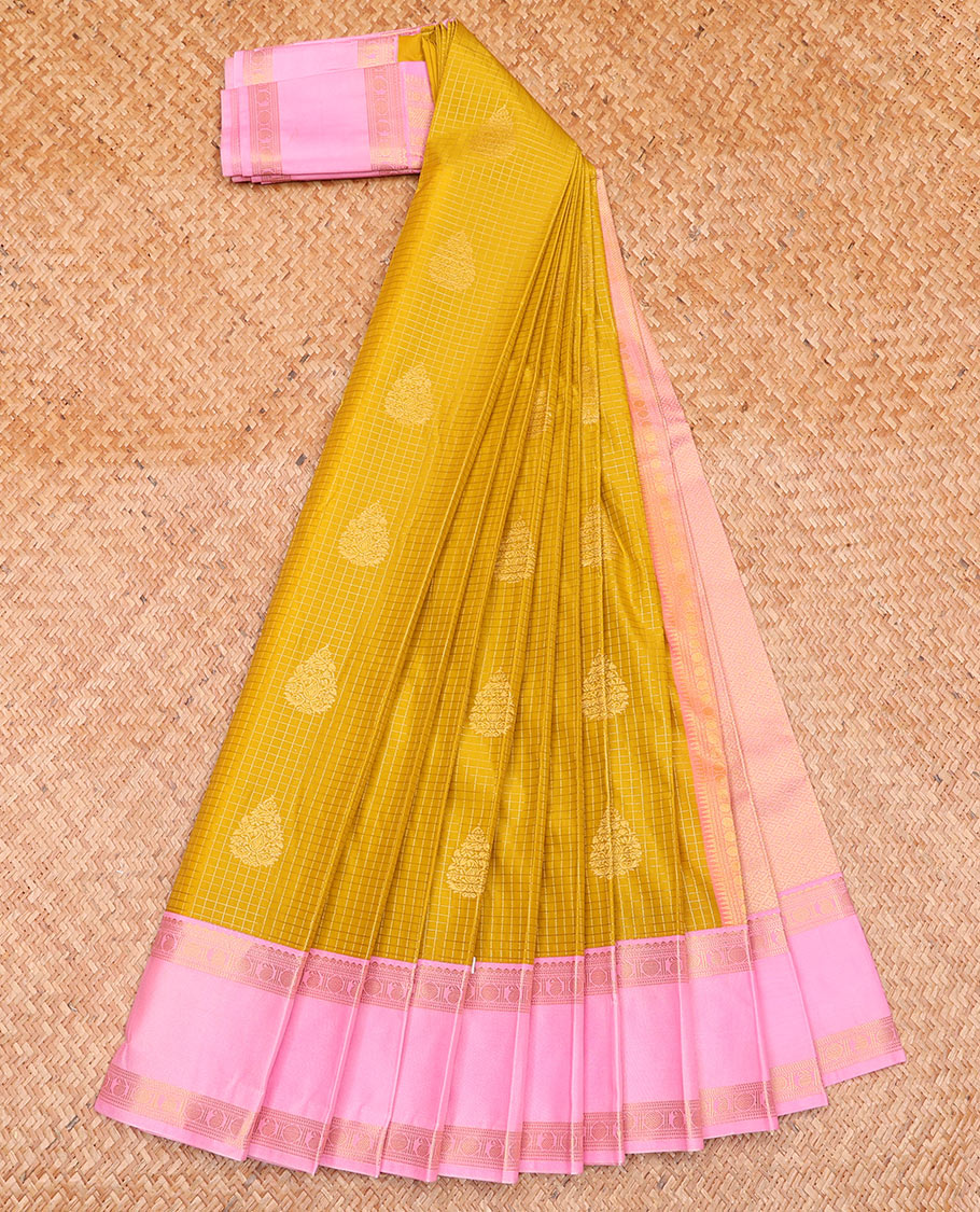 Yellow Budget Silk Saree Subtly Sparkled Zari Checks and Buttas, Complemented by Contrast Rettai Pettu Traditional Motifs Border, Grandly Zari Woven Pallu, and a Contrast Blouse