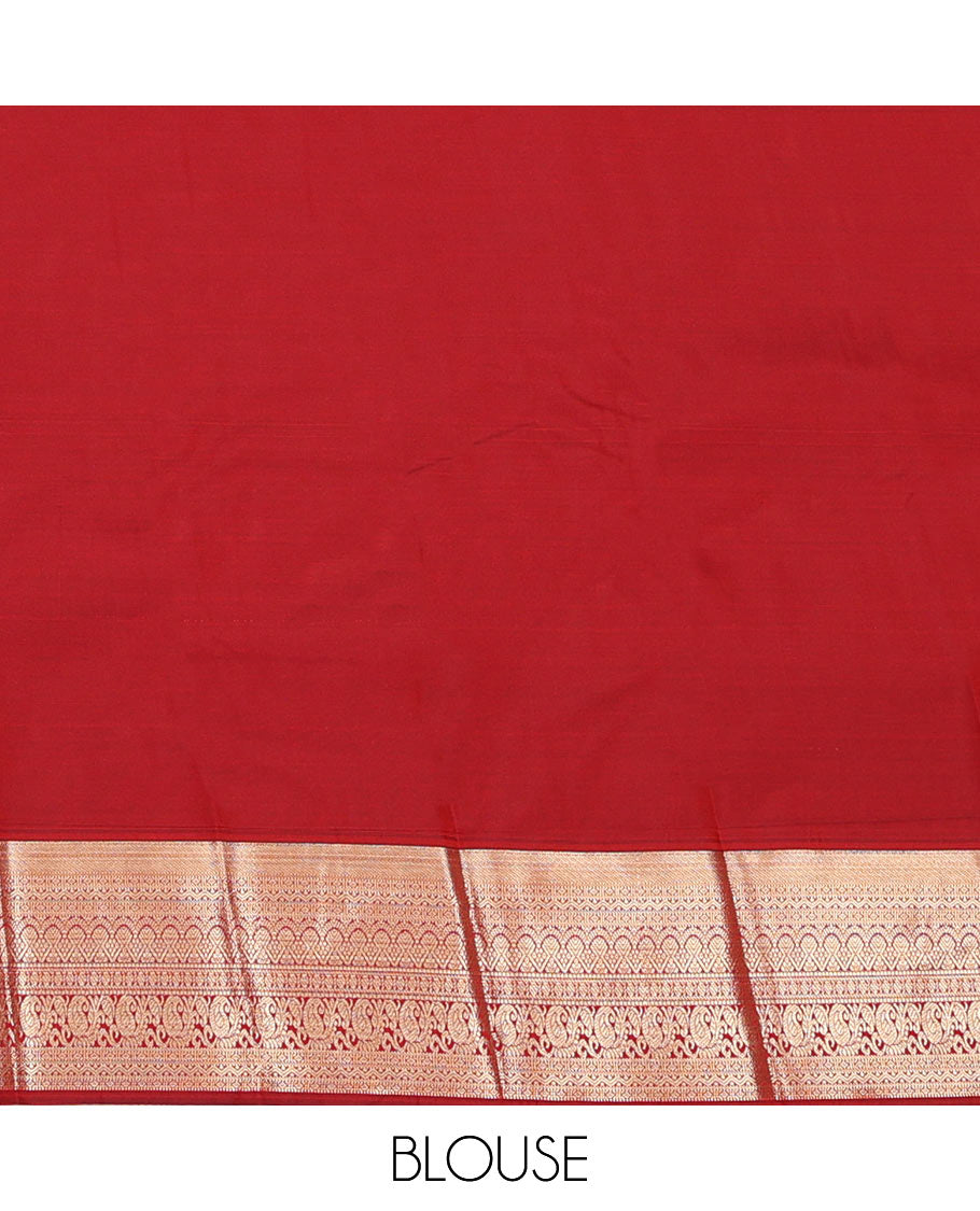 Crimson Red Budget Silk Saree Showcasing Zari Stripes and Paisley Buttas, Accentuated by a Traditional Motif Zari Border, Adorned with a Jaal-Designed Pallu, and Paired with a Matching Blouse