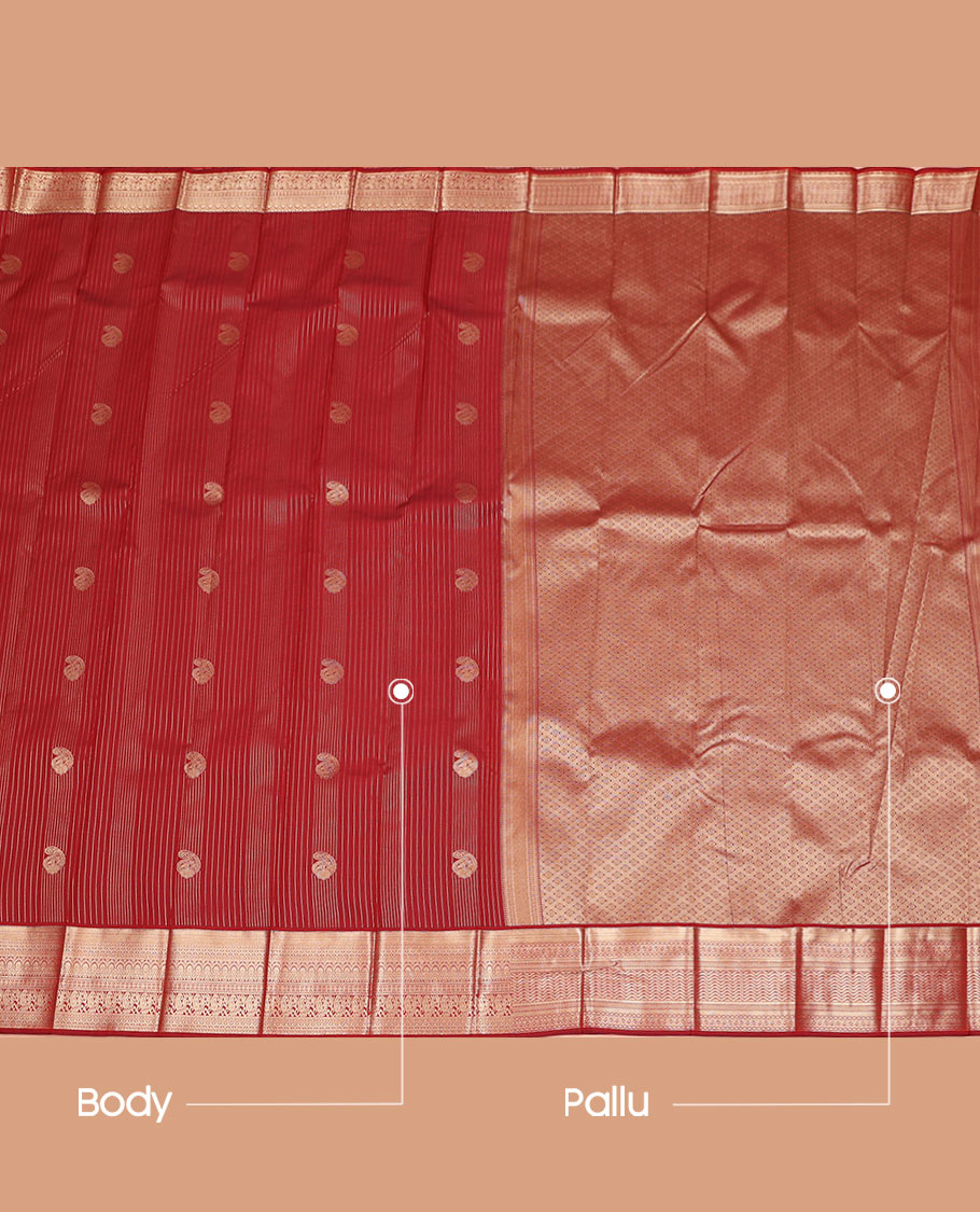 Crimson Red Budget Silk Saree Showcasing Zari Stripes and Paisley Buttas, Accentuated by a Traditional Motif Zari Border, Adorned with a Jaal-Designed Pallu, and Paired with a Matching Blouse