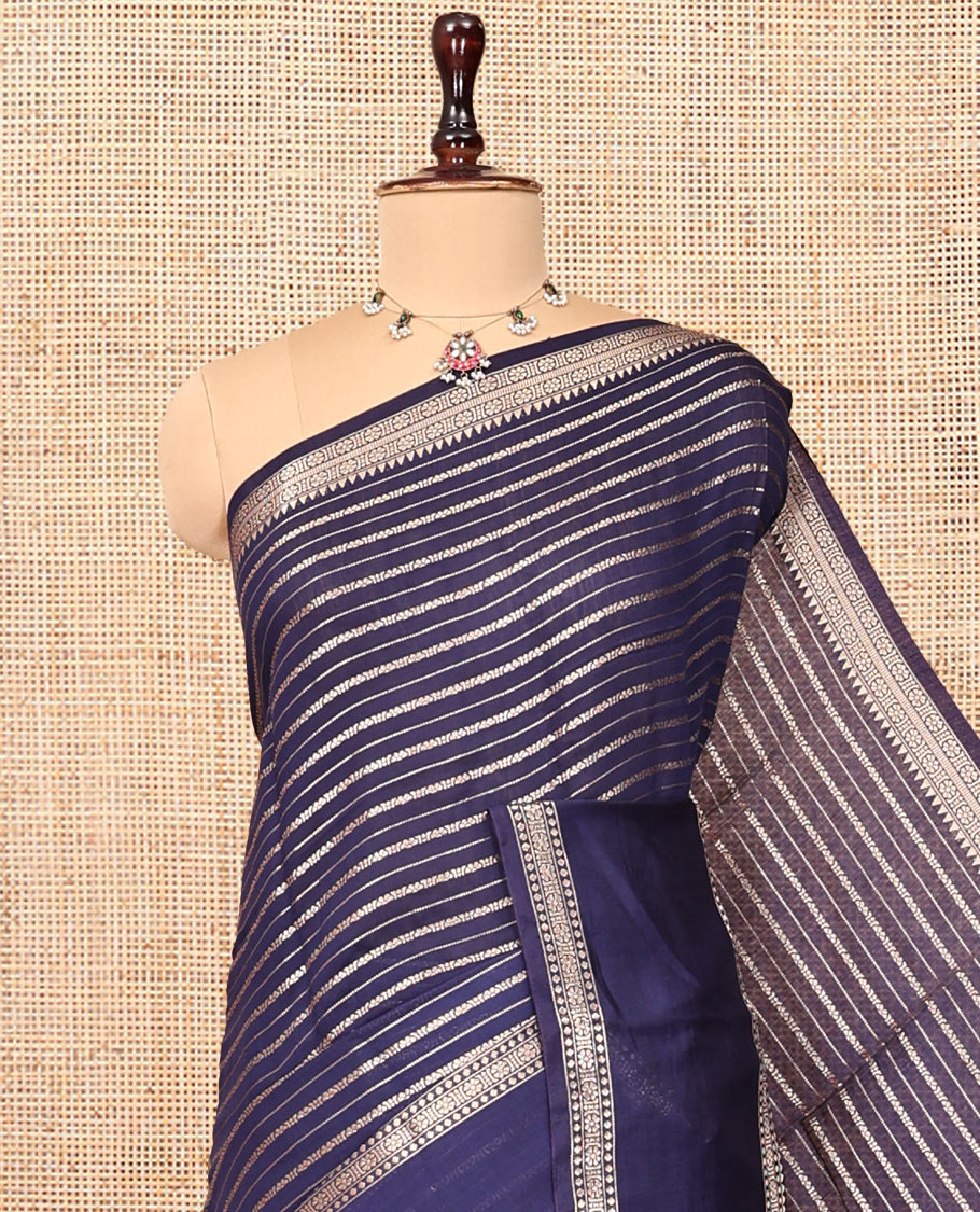 Navy Blue Assam Silk Saree, Decked Up with Zari Stripes, Highlighted by a Traditional Border, Zari Striped Pallu, and a Matching Blouse
