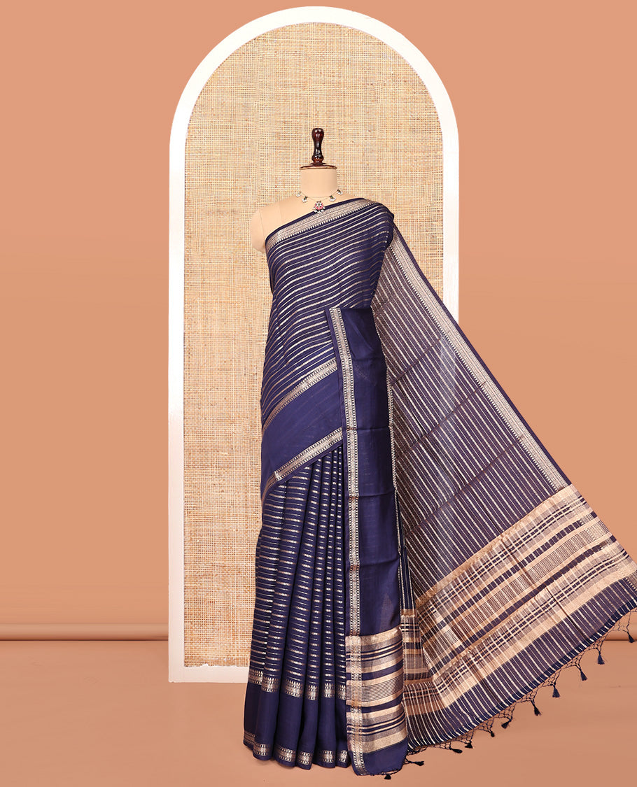 Navy Blue Assam Silk Saree, Decked Up with Zari Stripes, Highlighted by a Traditional Border, Zari Striped Pallu, and a Matching Blouse