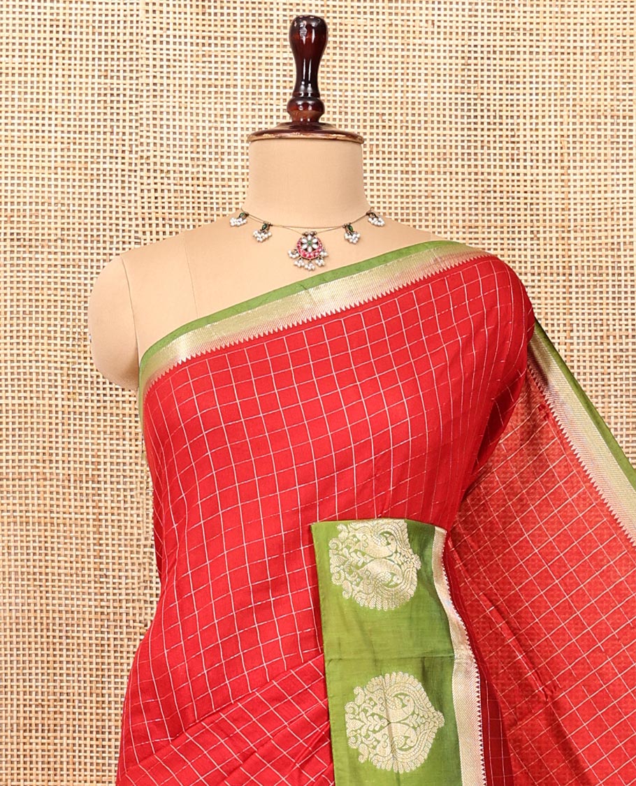 Red Assam Silk Saree, Decked Up with Checks, Complemented by Contrast Peacock Design Border, Zari-Striped Pallu, and a Contrast Blouse
