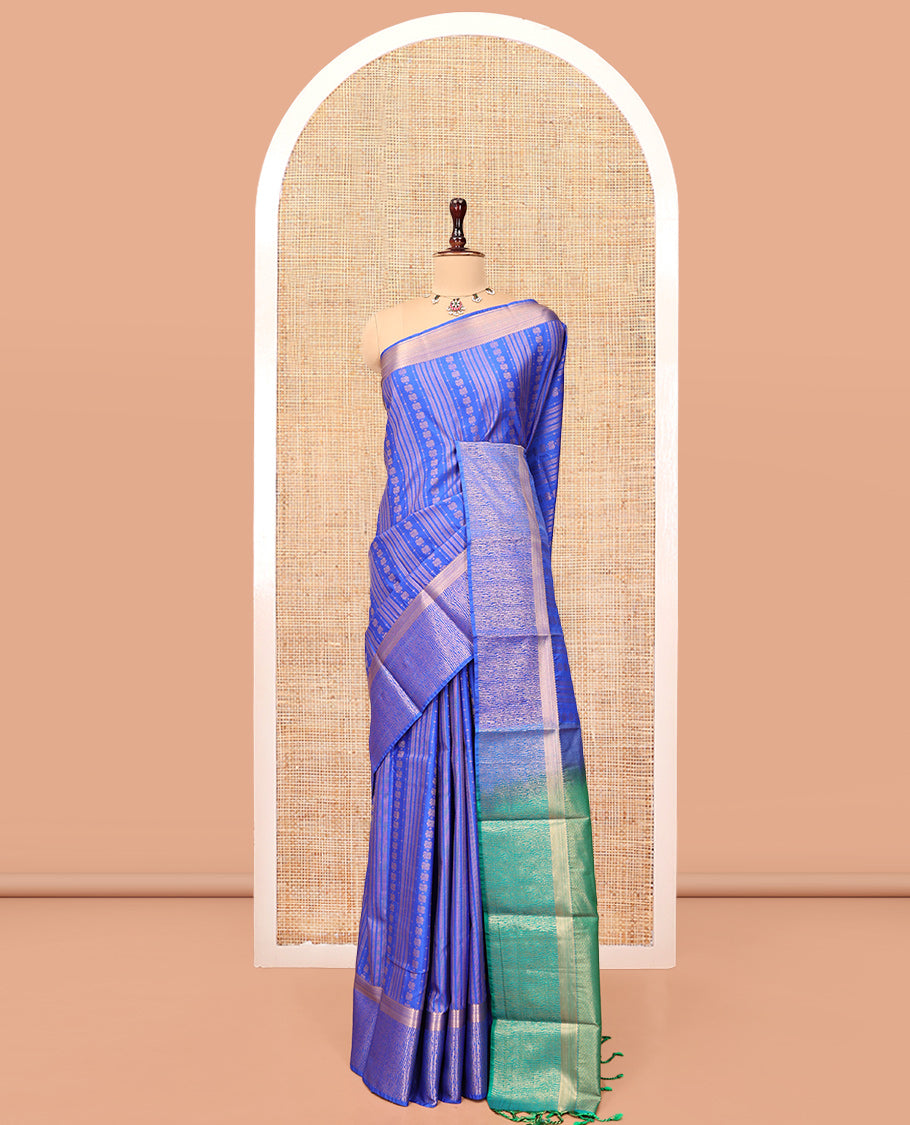 Blue Budget Silk Saree, Richly Detailed with Stripes and Peacock Buttas, Traditional Zari Border, Contrast Grand Pallu, and a Contrast Blouse
