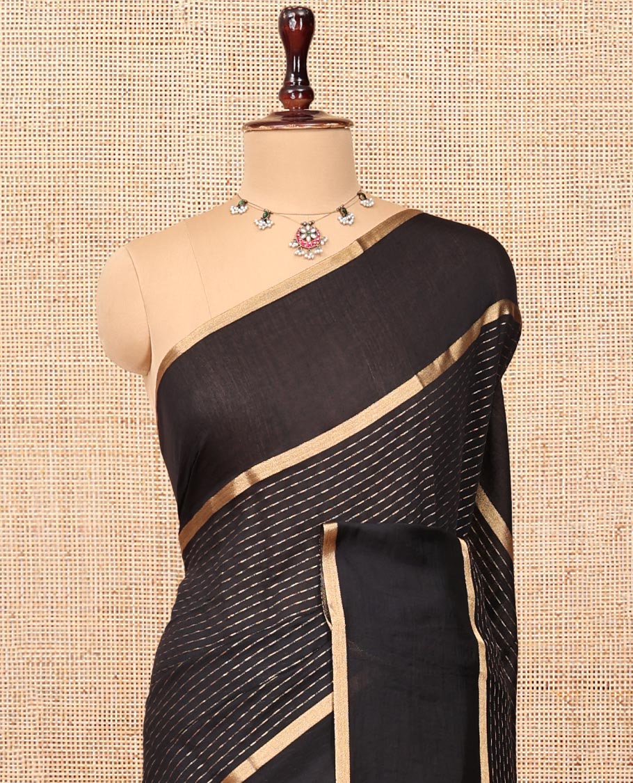 Black Assam Silk Saree, Gleamed Up with Zari Stripes, Highlighted by a Traditional Zari Border, Gleaming Zari-Striped Pallu, and a Matching Blouse