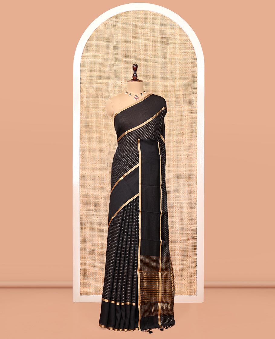 Black Assam Silk Saree, Gleamed Up with Zari Stripes, Highlighted by a Traditional Zari Border, Gleaming Zari-Striped Pallu, and a Matching Blouse
