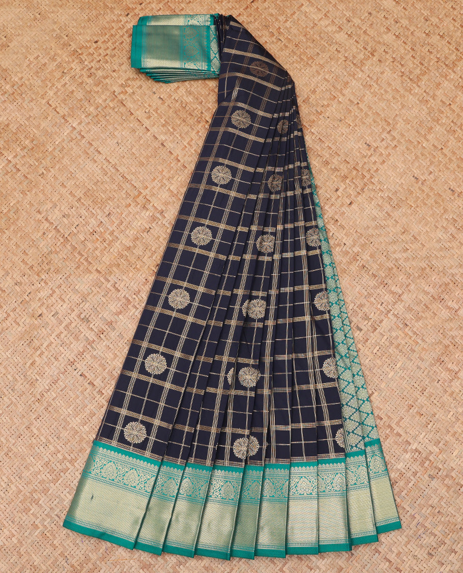 Navy Budget Silk Saree, Woven with Zari Butta Enclosed Checks, a Contrast Traditional Zari Border, Grand Pallu, and a Contrast Blouse