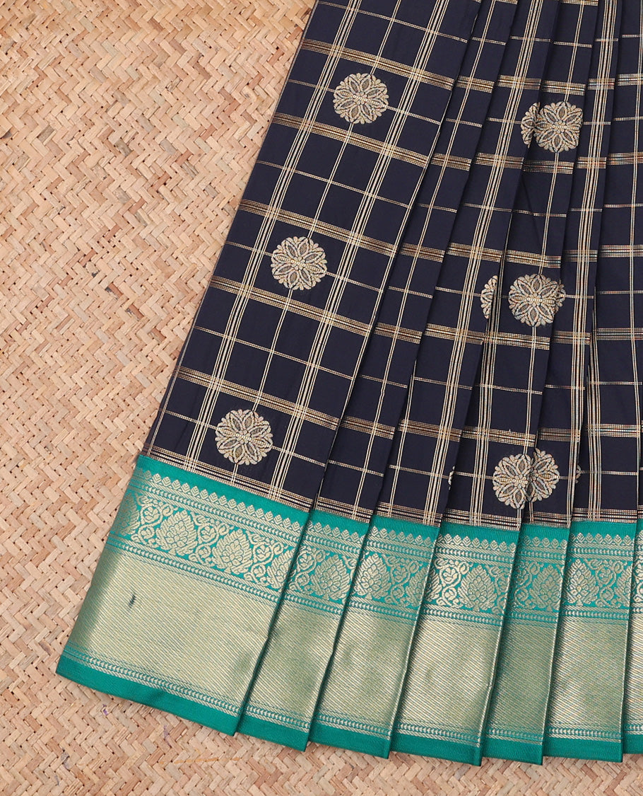 Navy Budget Silk Saree, Woven with Zari Butta Enclosed Checks, a Contrast Traditional Zari Border, Grand Pallu, and a Contrast Blouse