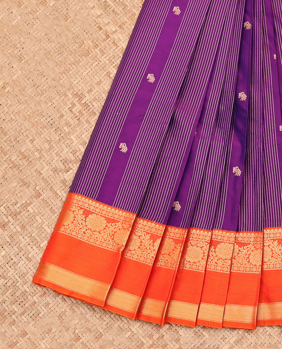 Violet Budget Silk Saree, Detailed with Zari Butta and Stripes, Contrast Traditional Zari Rettai Pettu Border, Intricately Designed Pallu, and a Contrast Blouse