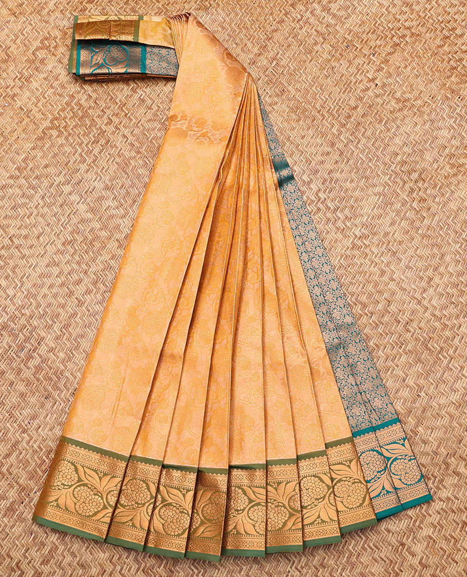 Orange Budget Silk Saree, Subtly Sparkled with Jacquard, Complemented by Contrast Floral Creeper Zari Border, Jaal Pallu, and a Contrast Blouse