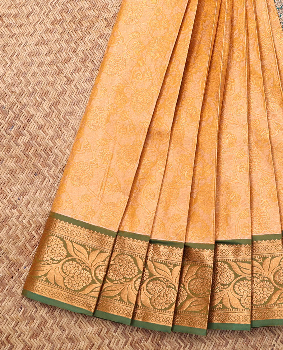 Orange Budget Silk Saree, Subtly Sparkled with Jacquard, Complemented by Contrast Floral Creeper Zari Border, Jaal Pallu, and a Contrast Blouse