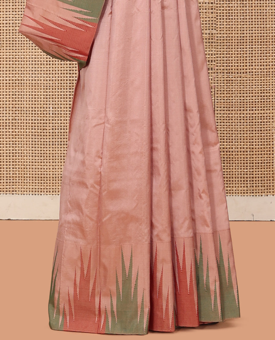 Light Sandal Plain Bangalore Silk Saree, Complemented by a Contrast Temple Border, Striped Pallu, and a Contrast Blouse