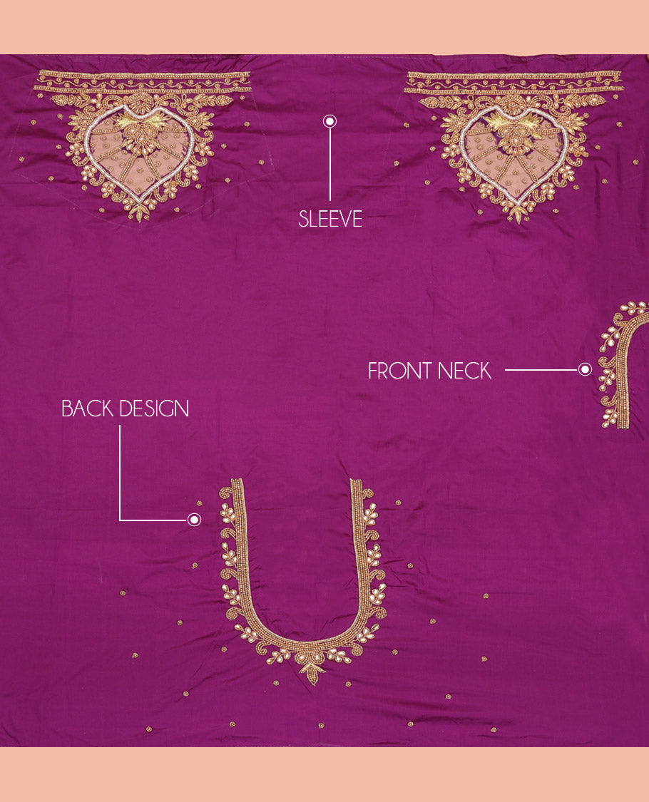 Purple Aari Material Blouse Spotlighted with Thilakam Design in Bead and Zarkan Stone Mixed Embroidery