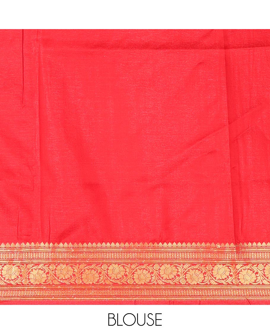 Pink buttas semi banaras nylon with contrast zari design border & floral design pallu