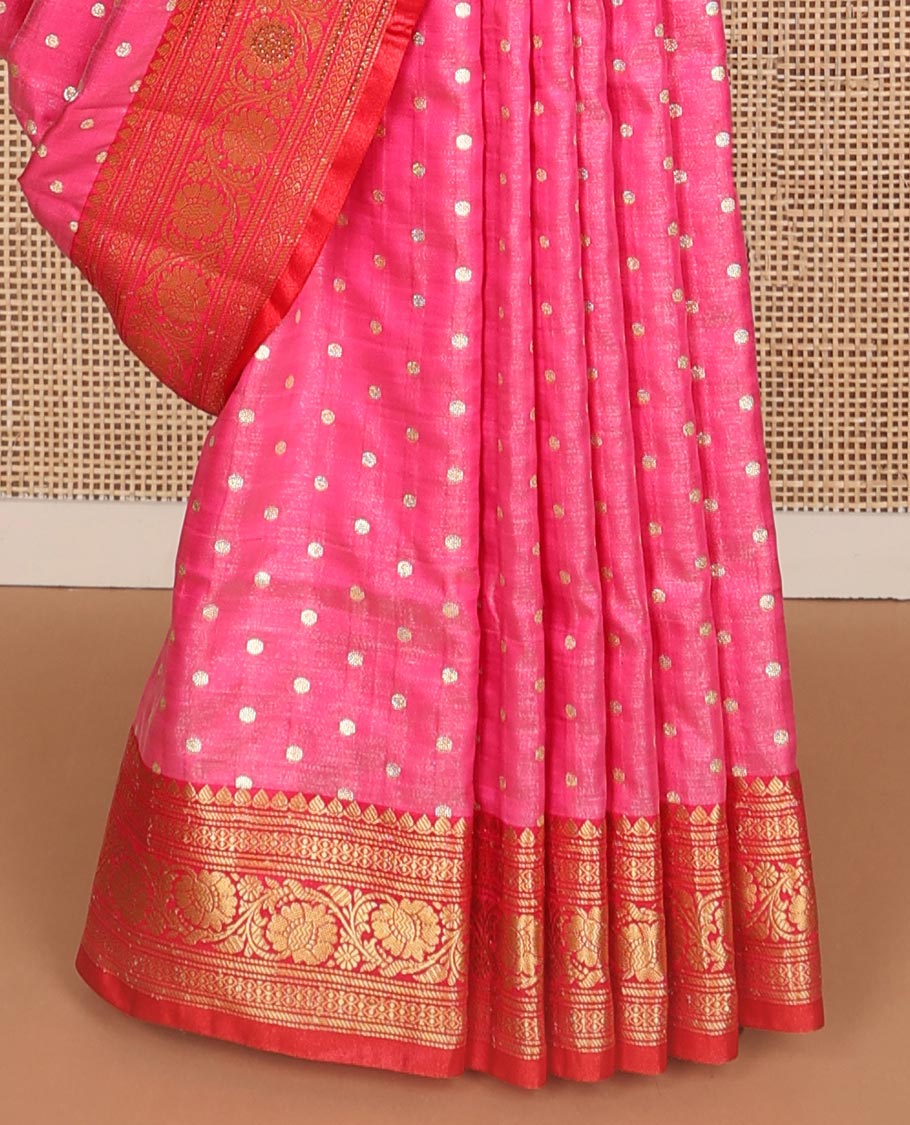 Pink buttas semi banaras nylon with contrast zari design border & floral design pallu
