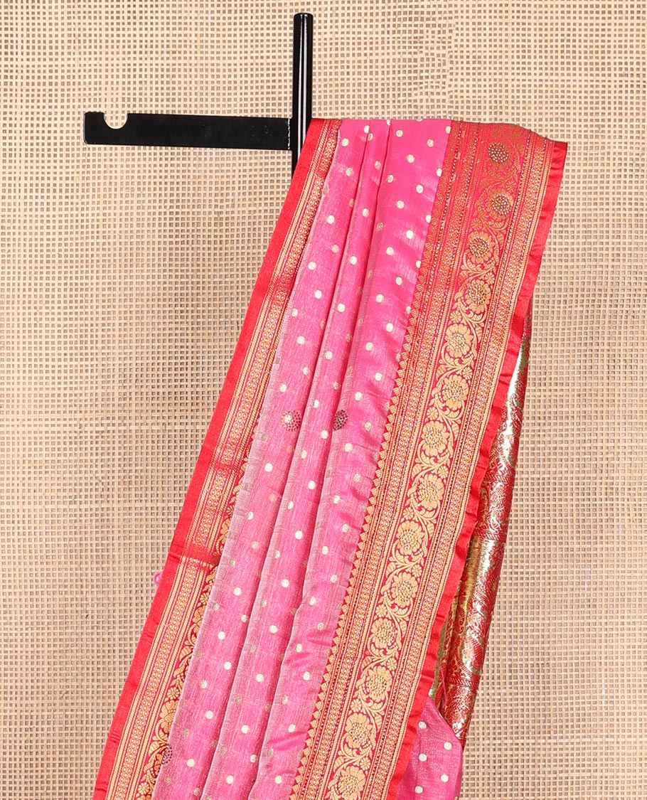 Pink buttas semi banaras nylon with contrast zari design border & floral design pallu